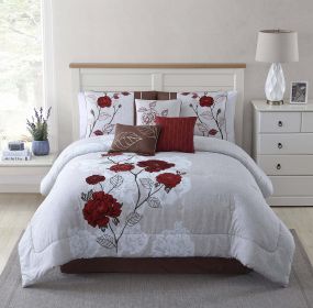 7-Piece Roses Comforter Set;  Red;  Full/Queen;  Shams;  3 Dec Pillows and Bed Skirt