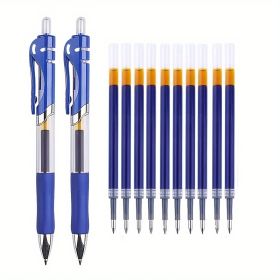 Press And Push Gel Pen 2 Pens + 10 Refills/PACK Bullet 0.5MM, Red, Blue And Black Three Colors Optional (Color: Blue)