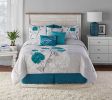 7-Piece Teal Roses Comforter Set;  Full/Queen;  With Embroidered Applique Detail