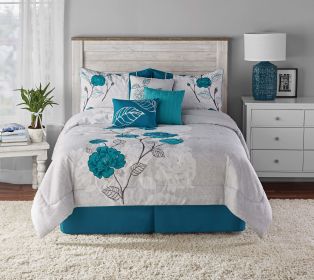 7-Piece Teal Roses Comforter Set;  Full/Queen;  With Embroidered Applique Detail (size: KING)